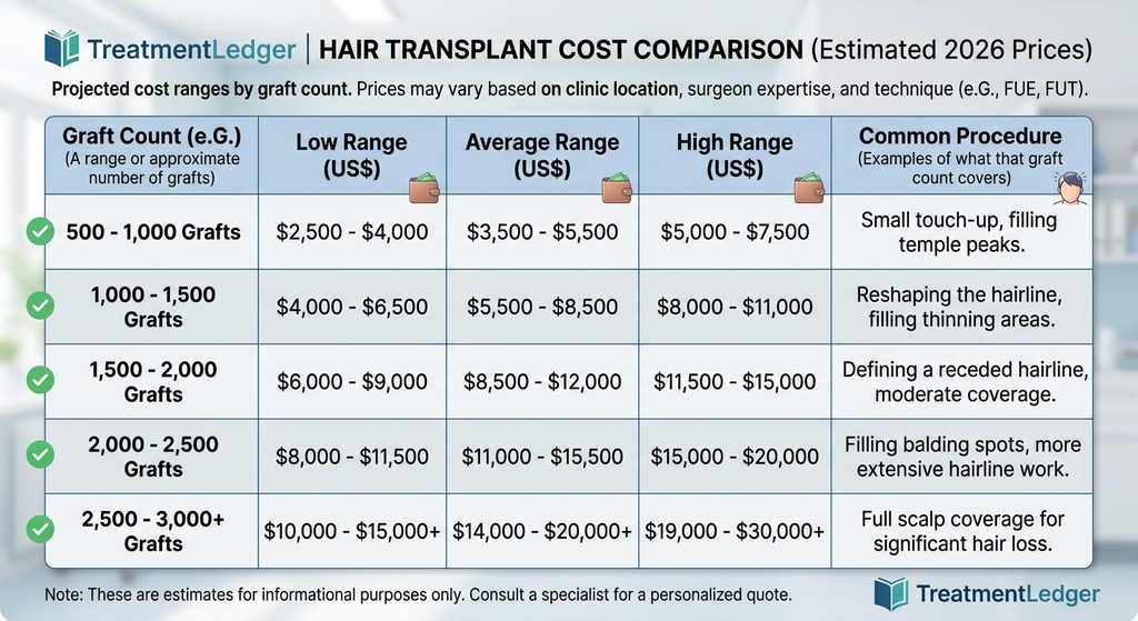 hair transplant cost by graft count 2026 chart